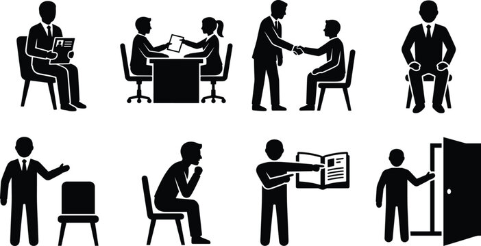 Vector collection of business silhouette icons depicting job interview, human resources, and hiring process concepts