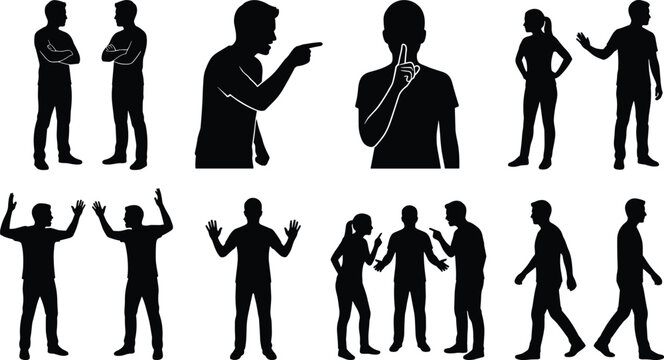 Vector set of black silhouettes depicting people arguing, relationship conflicts, and communication breakdowns isolated on white