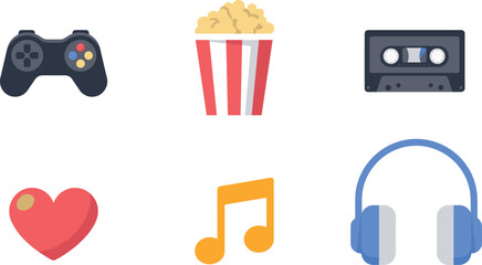 Retro entertainment icon set with gamepad popcorn cassette tape headphones music note and heart vector © Mehedi