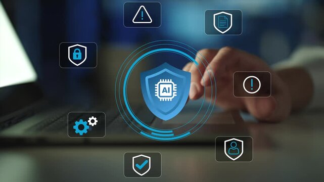 Enterprise AI Security Protection. Artificial intelligence governance compliance monitoring and cybersecurity defense control. Risk Management Cybersecurity Technology. 