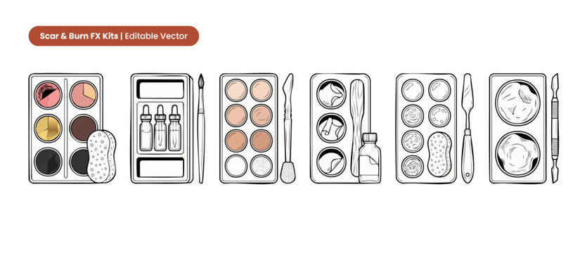 SFX makeup kit vector illustration sets of scar and burn special effects palettes, tools, spatula, sponge, and dropper bottles for theatrical halloween cosmetics isolated on clean white background.