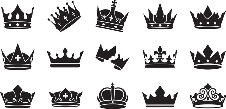 Black crowns, royal crowns, king crowns, vector icons, 16 crests