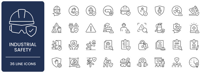 Industrial safety icon set. Collection of occupational hazard, personal protective equipment, emergency evacuation and workplace protection line icon vector illustration with editable stroke. © Stock_Koom