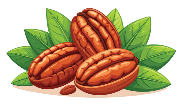 Pecans with green leaves on white.