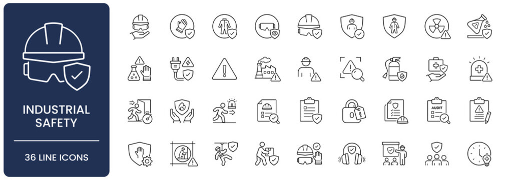 Industrial safety icon set. Collection of occupational hazard, personal protective equipment, emergency evacuation and workplace protection line icon vector illustration with editable stroke.