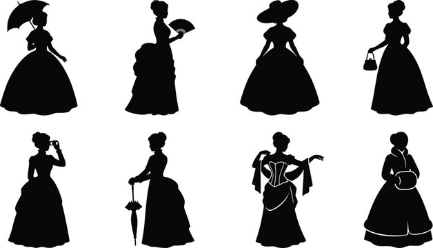 Collection of elegant Victorian women silhouettes in vintage dresses with accessories isolated on white background