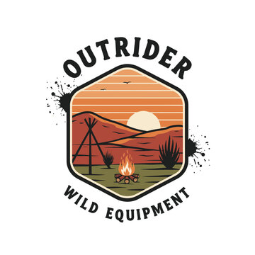 Outrider Wild Equipment logo with teepee and campfire.