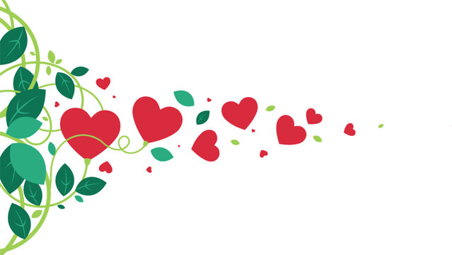 Romantic Valentines Day banner background with flying red hearts and green vine leaves vector illustration