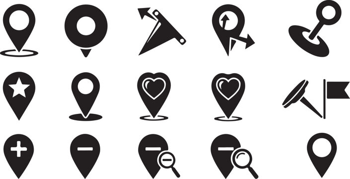 Map icons, location symbols, navigation markers, black vector graphics