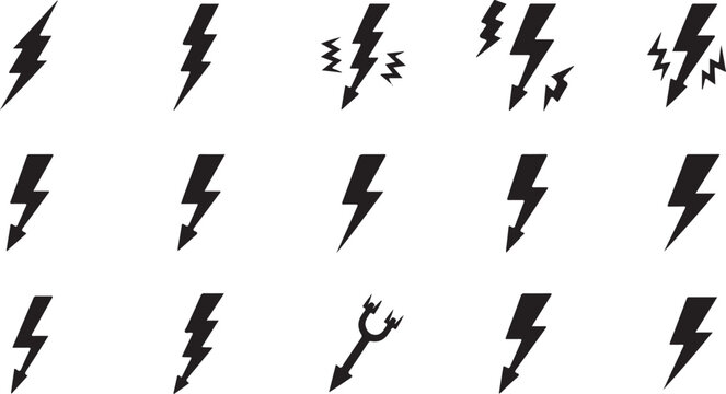 Lightning bolt icons, black vector graphics, electricity symbols, 16 thunderbolt designs