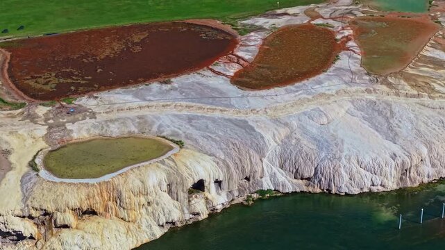 Aerial view of Hot Springs State Park and its thermal pools in Thermopolis Wyoming surrounded by the Bighorn River landscape