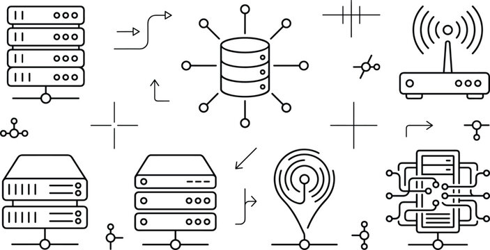 Data center network architecture line icon set featuring mainframe servers database node wireless router and mainframe systems