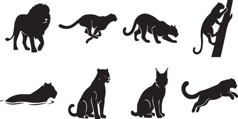 Silhouette collection of wild cats and primate showing diverse animal poses including lion, cheetah, leopard, and monkey climbing © MdMorsalin
