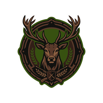 Majestic deer head emblem within a decorative crest.