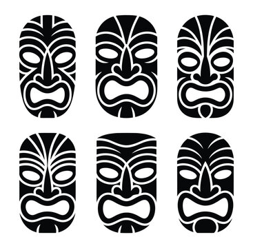 Tiki mask vector set tribal hawaiian totem icon face design