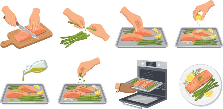 Baked Salmon and Asparagus Sheet Pan Cooking Steps Vector Illustration with Hands Slicing Fish Snapping Veggies Seasoning Pouring Oil Baking and Serving