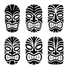 Tiki mask tribal vector set black white hawaiian tattoo icon © Naimur creativehouse