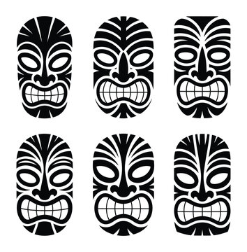 Tiki mask tribal vector set black white hawaiian tattoo icon