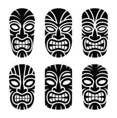 Black White Tribal Polynesian Tiki Mask Face Vector Icon Set © Naimur creativehouse