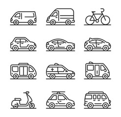 Obraz premium Vehicle transport line icon set car van bike scooter auto