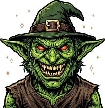 Halloween Menacing goblin wizard portrait vintage engraving style illustration