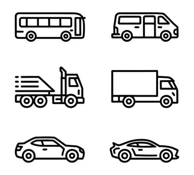 Vehicle transportation line icon set car truck bus van auto
