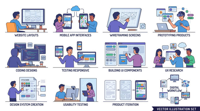 Illustrated infographic showing ux and ui design process steps