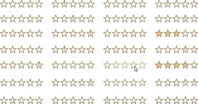 Five Star Rating Feedback and Product Review Icon Bundle Featuring Outline Elements with Half and Quarter Fractional Score Marks for ECommerce UI Designs