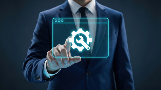 Businessman touching glowing software development interface, software bug, web maintenance