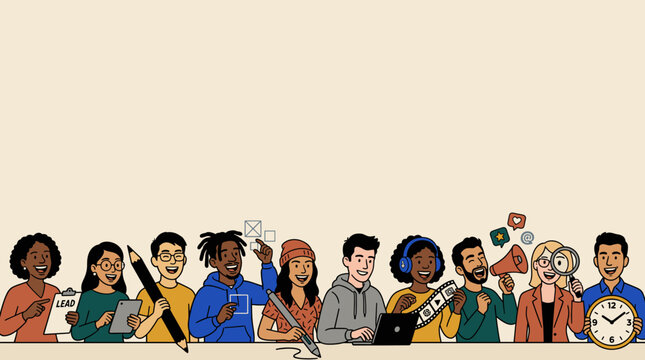 Diverse Creative Team of Professionals Standing in a Row Flat Vector Banner Illustration