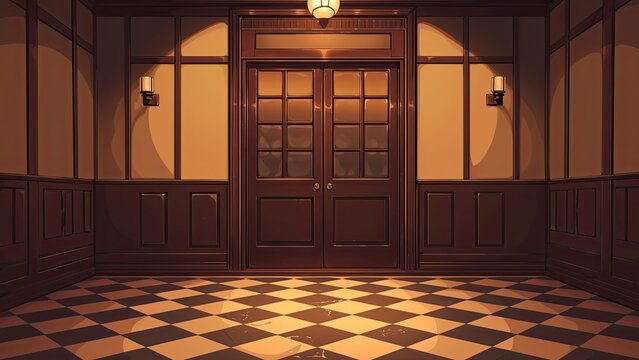 クラシックな洋館の廊下と両開き扉 アンティーク背景イラスト