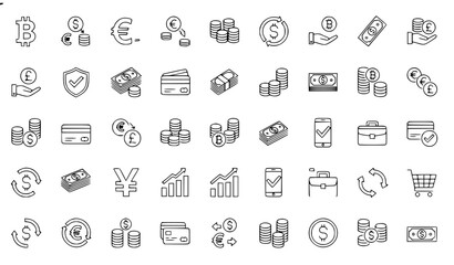 Fototapeta premium Black and white finance and currency symbols with money exchange icons editable vector collection