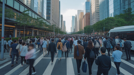 Obraz premium Large crowd of people walking down a busy city street between tall skyscrapers in a modern urban business district during the daytime