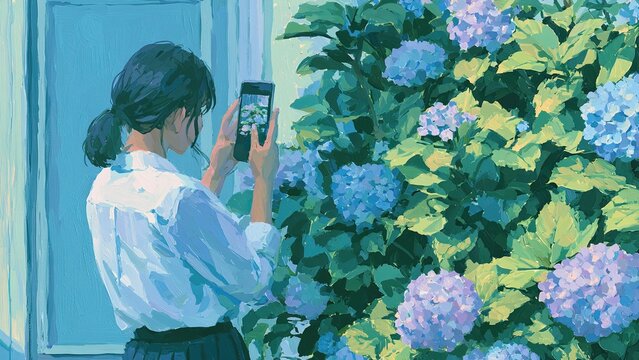 紫陽花をスマートフォンで撮影する女性 初夏の街角風景イラスト