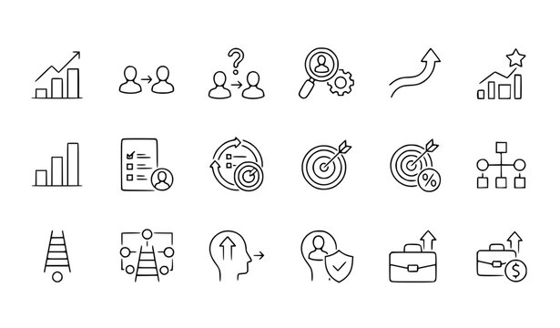 Black and white gap analysis icon set with skill gap and talent management symbols vector illustration