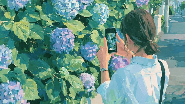 咲き誇る紫陽花を撮影する女性 初夏の散策イラスト