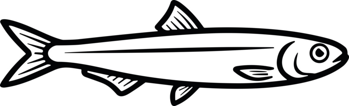 Slender sardine fish outline for canned seafood packaging design.