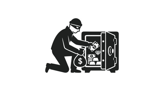 Thief stealing money and valuables from open safe vector illustration