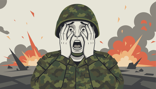 Traumatized soldier in camouflage uniform clutching his head in horror as explosions erupt in a war zone under a smoky sky.