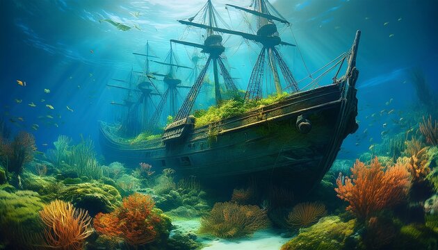 an intriguing underwater scene featuring a sunken ship adorned with marine vegetation illuminating nautical history