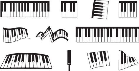 Obraz premium Piano keyboard icons, musical instrument graphics, black and white illustrations, vector set