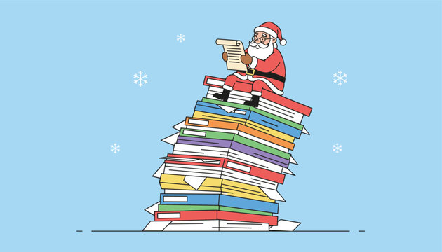 Santa Claus sitting on a massive stack of colorful office folders while reading his long list of naughty and nice children.