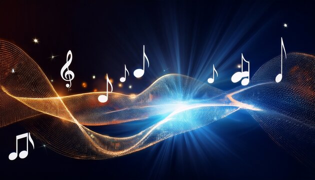 abstract digital sound wave motion with shimmering music notes floating on a dark background