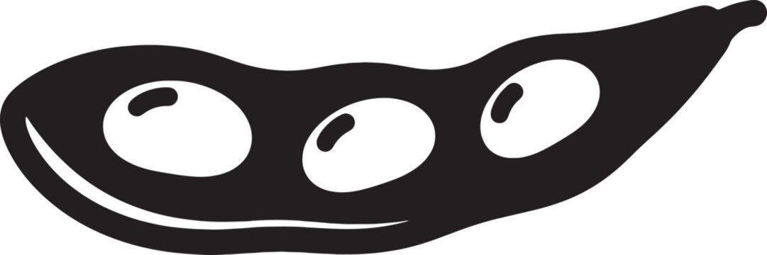 Black silhouette of pod with three soybeans isolated on transparent.