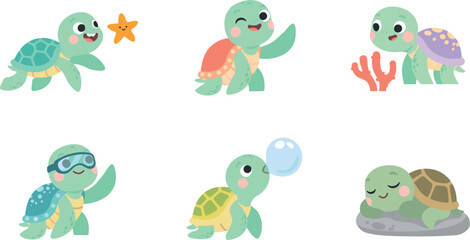 Naklejka premium Set of cute cartoon sea turtle characters under the ocean isolated on white background vector