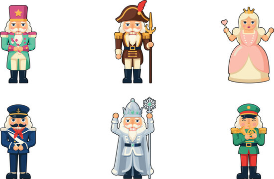 Set of cute cartoon nutcracker characters and fairy tale figures isolated on white background vector