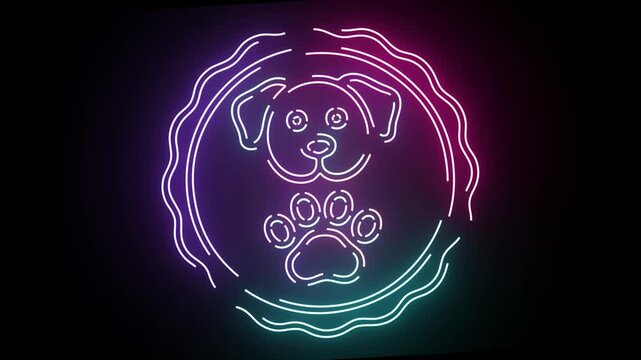 Neon Dog Face And Paw Print Circular Emblem Glowing With Pulsing Gradient Light Effects Against A Deep Dark Solid Background Aesthetic Motion Graphic Animation Visual For Veterinary Or Pet Services