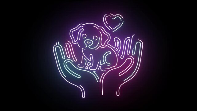 A glowing neon sign animation featuring a stylized puppy held in two cupped hands with a heart shape floating above it in vibrant blue and pink colors on a dark background for pet care advertising