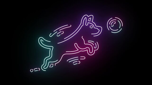 Neon Dog Animation Graphic Leaping Towards A Glowing Ball Featuring Vibrant Pink And Blue Radiant Light Lines On A Solid Black Background Digital Vector Style Motion Concept Artistic Minimalist Design