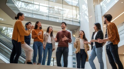 Obraz premium Casual conversation among a group in a modern indoor space with natural lighting and sleek architectural design. Vibrant atmosphere with varied expressions.